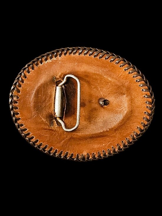 Vintage 1970s Hand Tooled Leather Trophy Belt Buckle XL 5x4” Songbird Floral main image 4